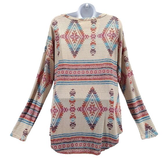 Panhandle Women Sz L Knit Long Sleeve Top Blouse Stretch Aztec Tribal Western - Picture 6 of 11